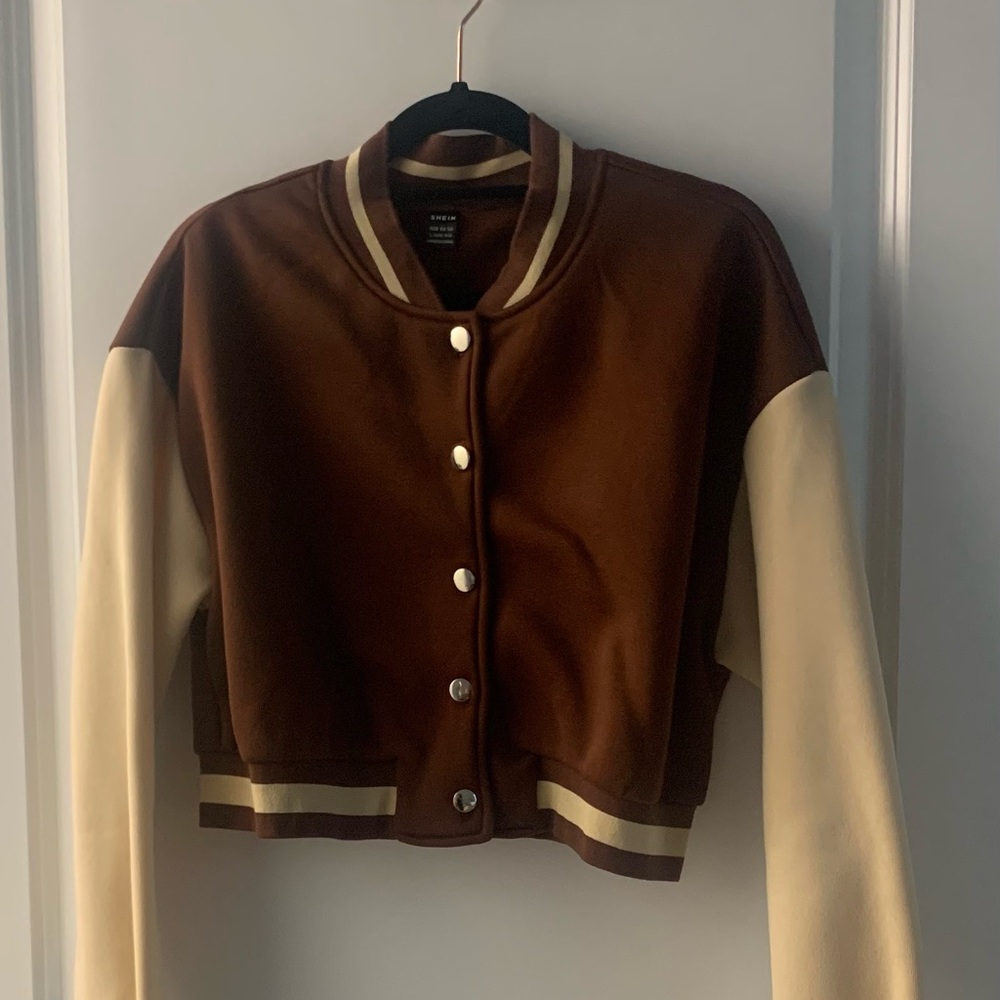 SHEIN Brown and Cream Varsity Jacket